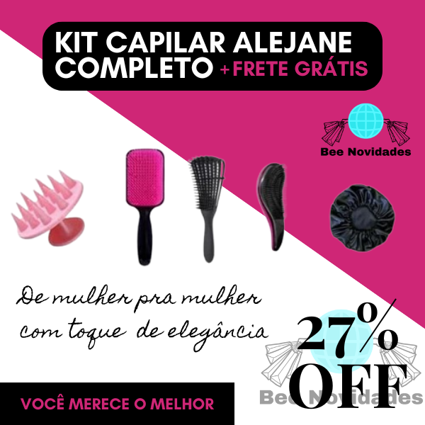 (Kit Capilar Alejane). Massageador Para Couro Cabeludo + Escova Raquete + Polvo + Escova Mágica + Touca Capilar